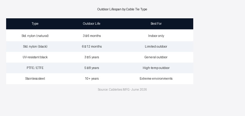 Outdoor lifespan comparison by cable tie type