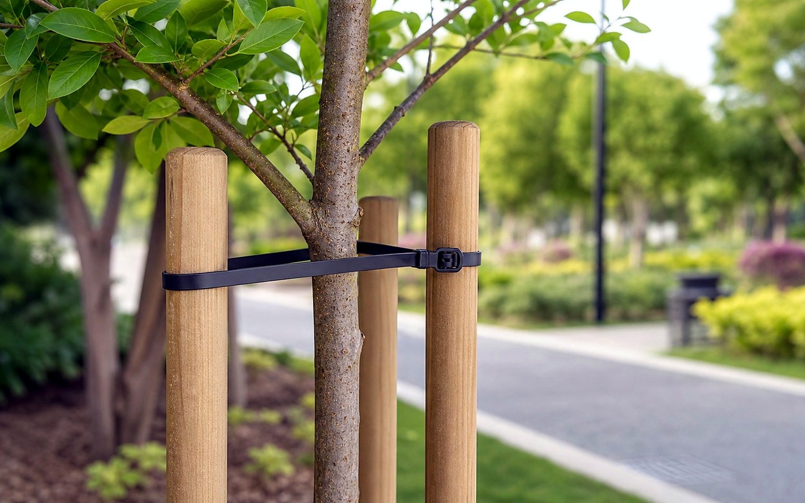 Application visual showing drip irrigation tube fixed to stake with cable ties