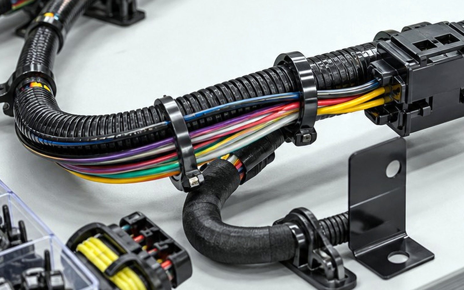 Colored automotive wire branch bundled with black cable ties