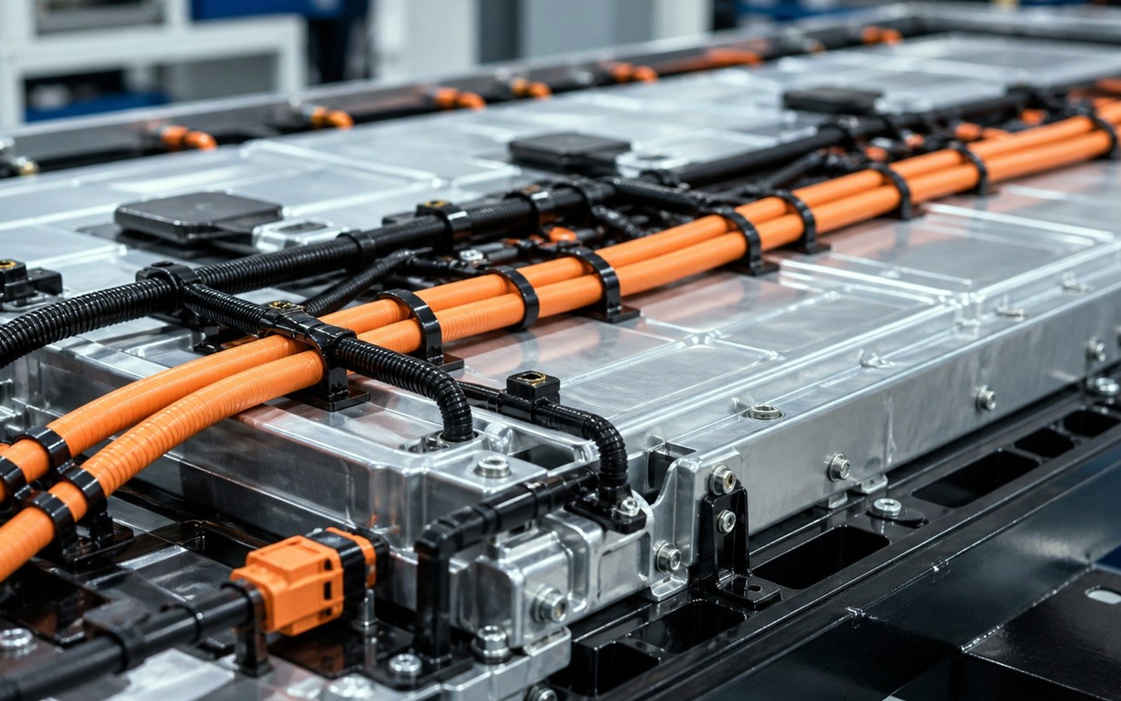 EV battery high-voltage cable routing secured with black cable ties