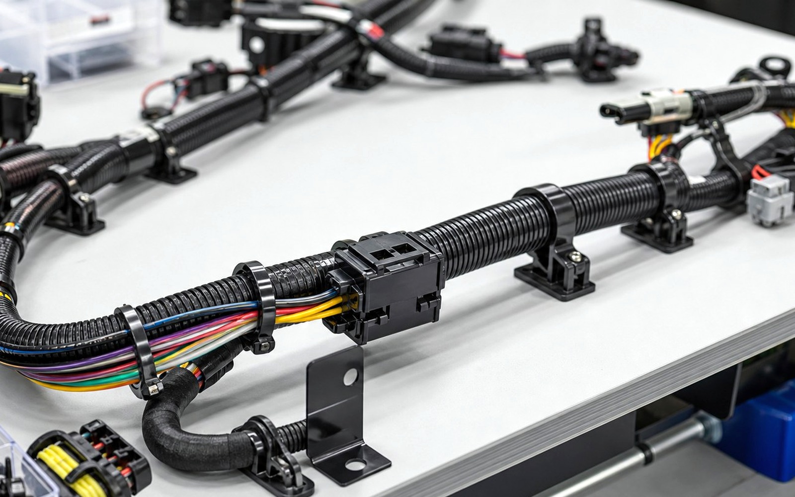 Automotive wire harness assembly bench with cable ties and mounting points