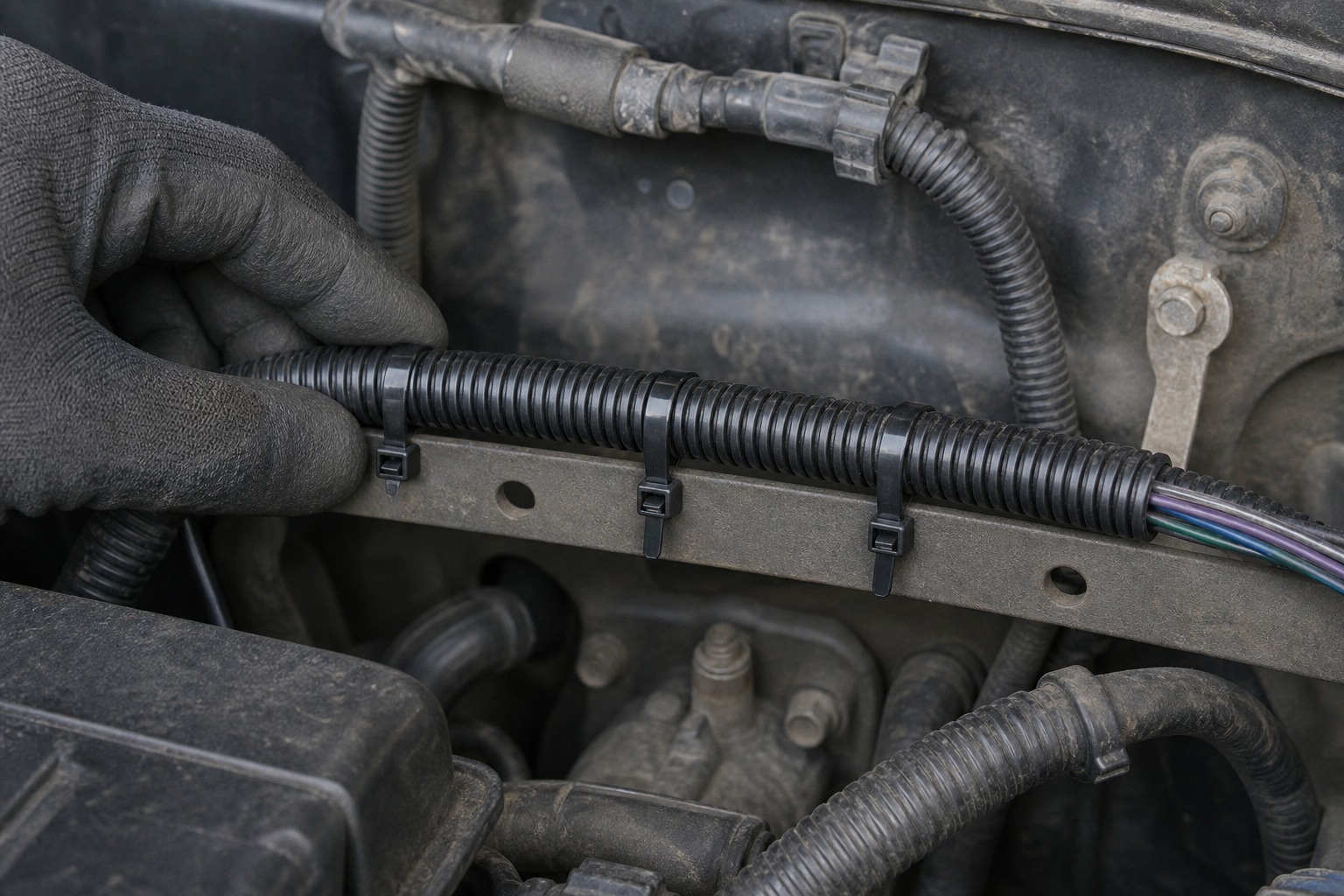 Black nylon cable ties fixing corrugated automotive loom to metal engine bay bracket
