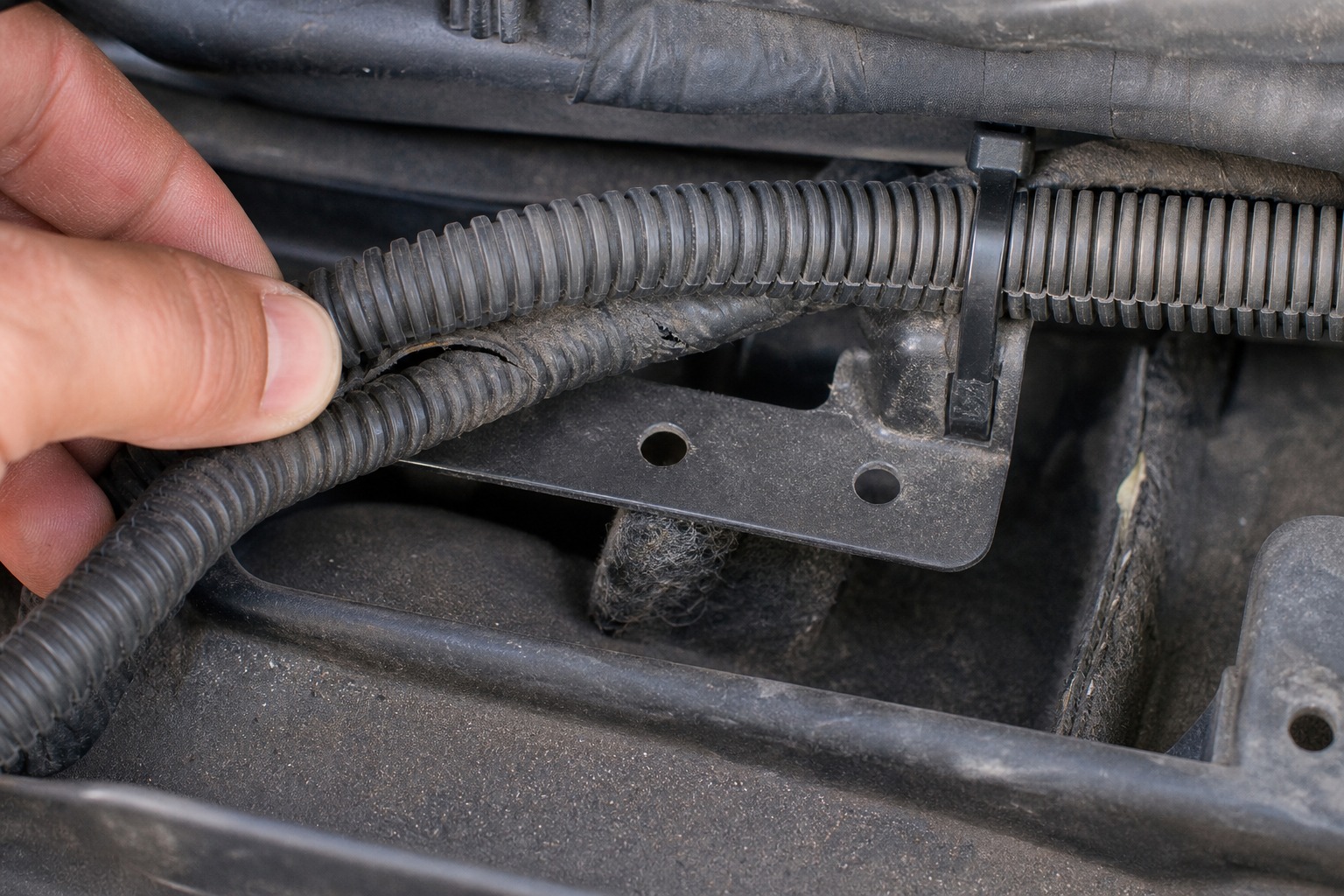 Loose automotive corrugated wire loom near metal bracket showing missing fixing point