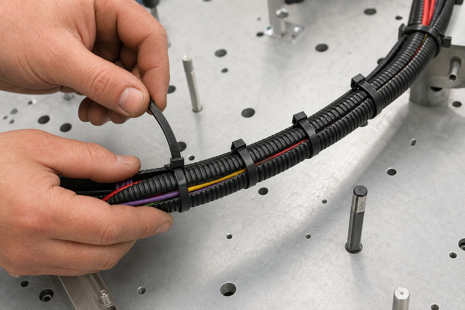 Technician installing black nylon cable ties around automotive corrugated wire loom on harness board