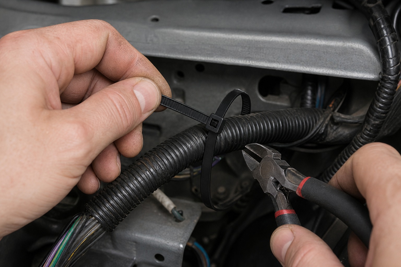 Technician pulling black nylon cable tie tail through single locking head around automotive corrugated loom