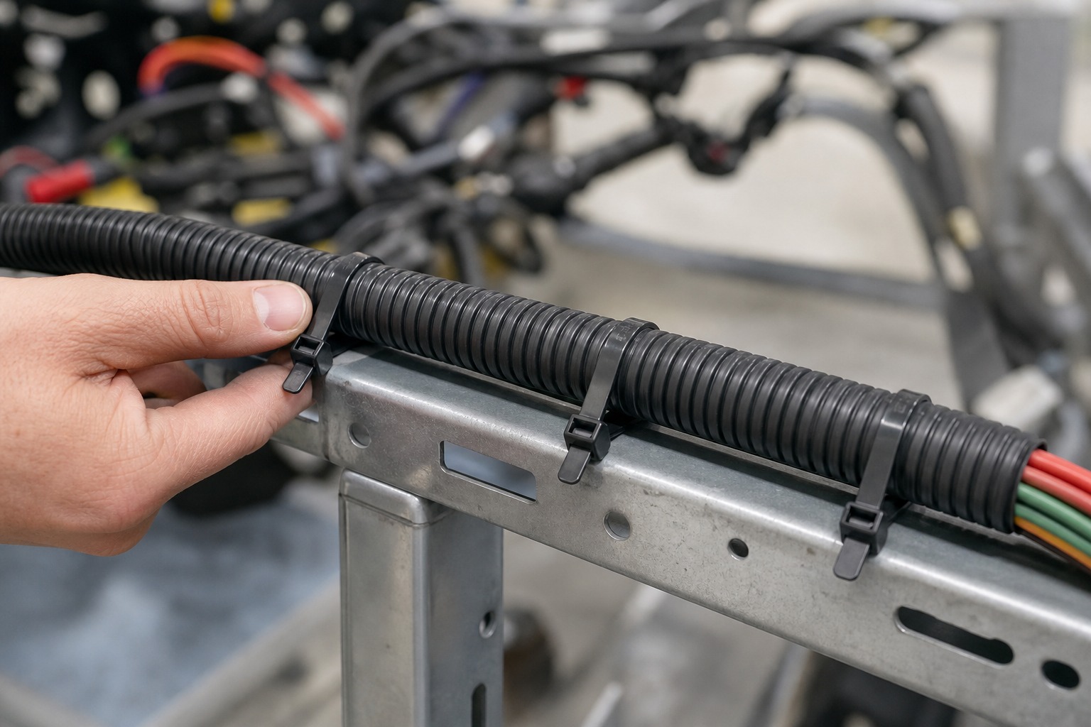 Automotive corrugated loom fixed to metal rail with black nylon cable ties and visible locking heads