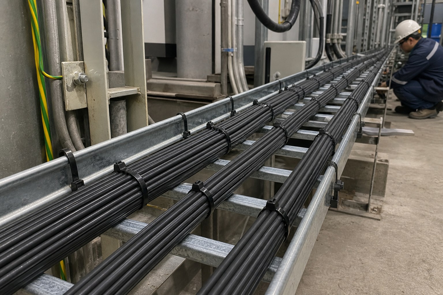 Finished cable tray route with repeated support points and technician inspection