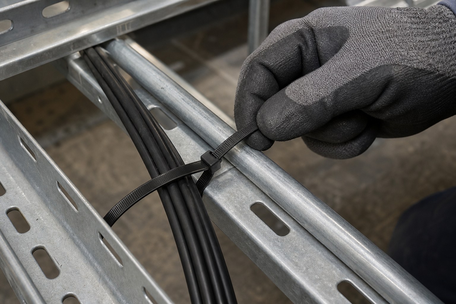 Gloved installer fastening cable bundle to tray rung with nylon cable tie