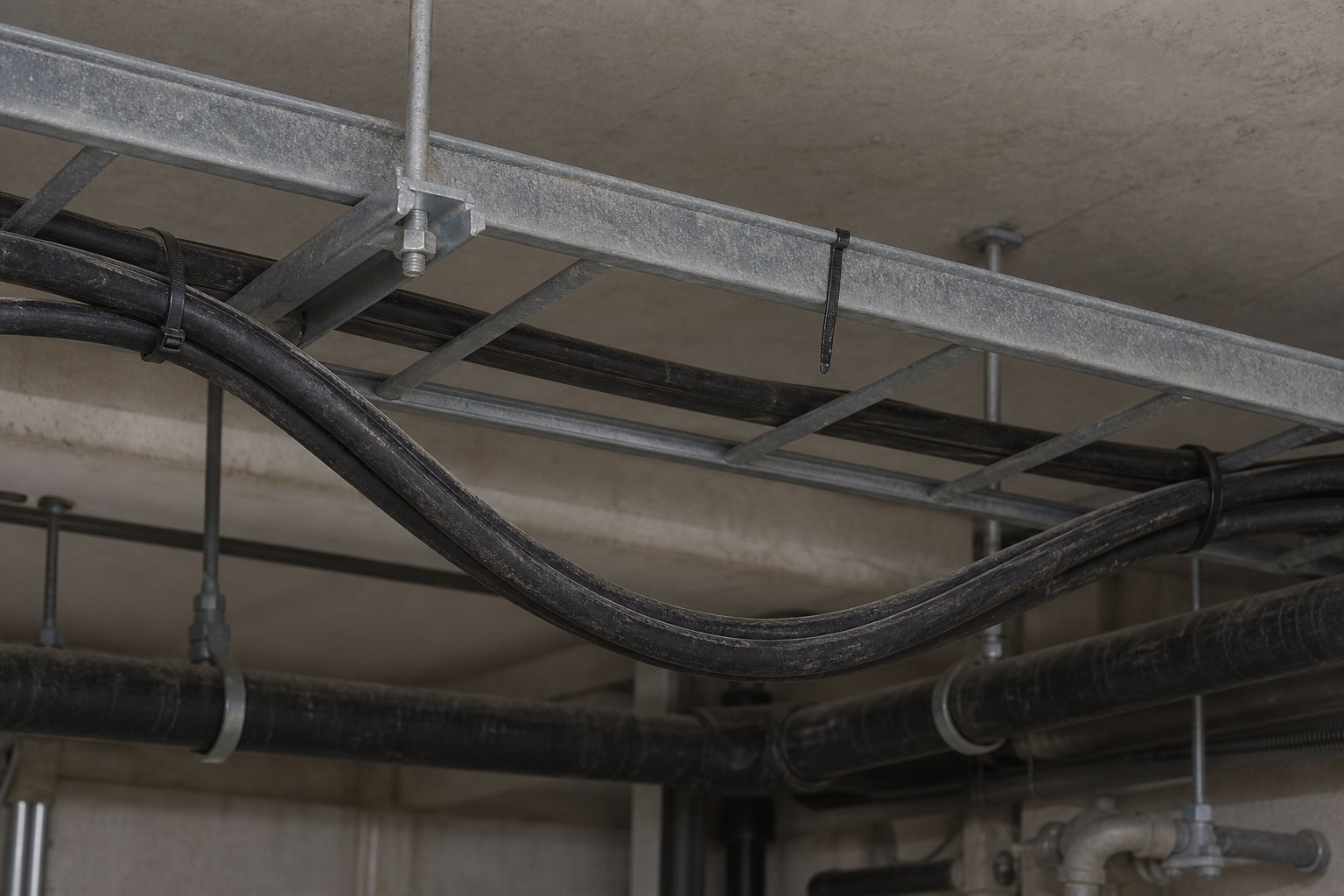Sagging cable loop below tray showing cable falling risk
