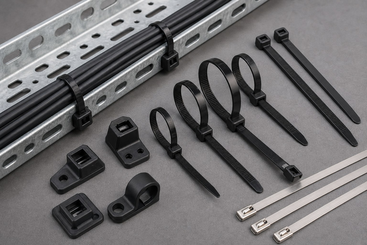 Cable falling prevention product combination with ties bases and stainless options