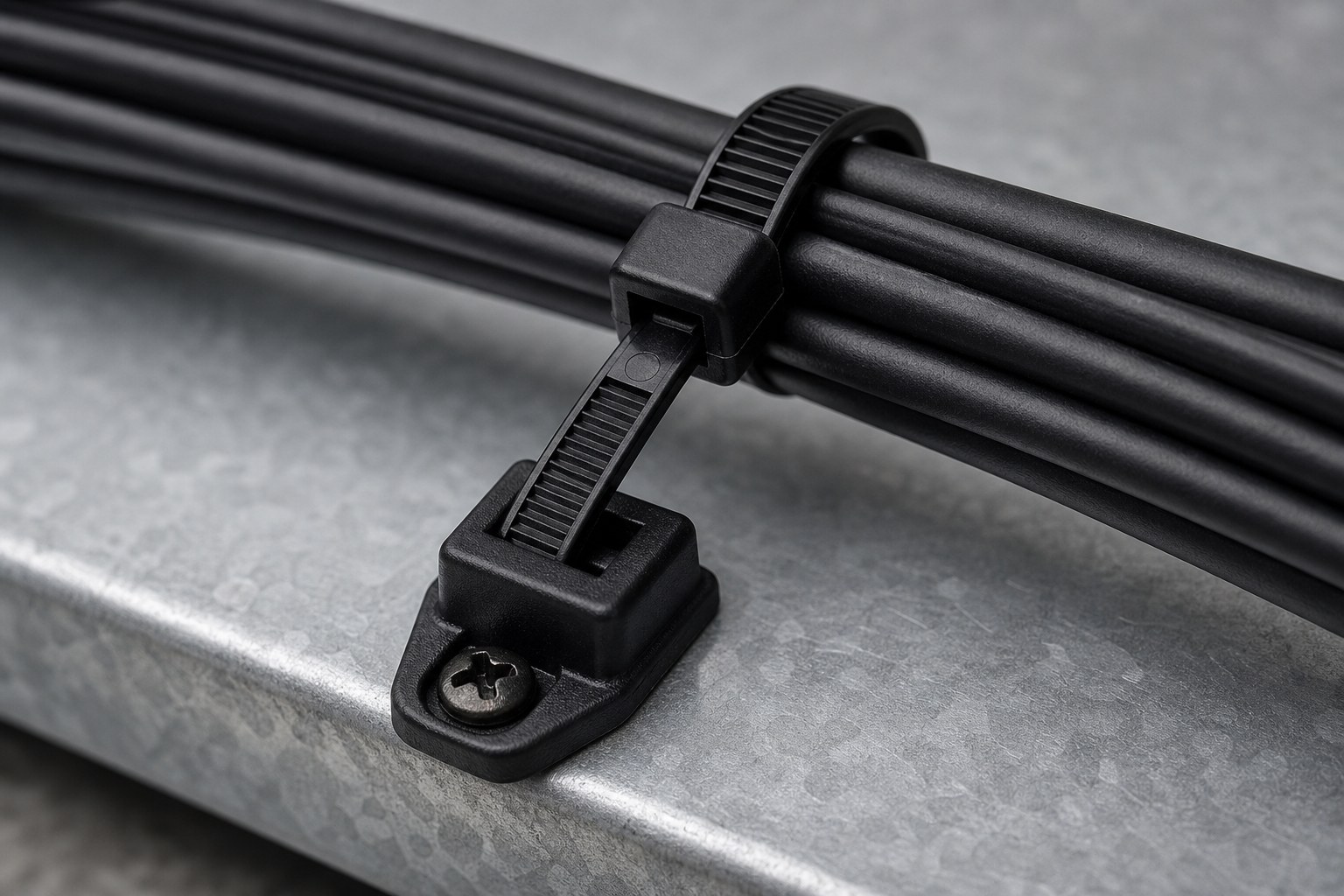 Heavy-duty black nylon cable tie threaded through mounted base detail