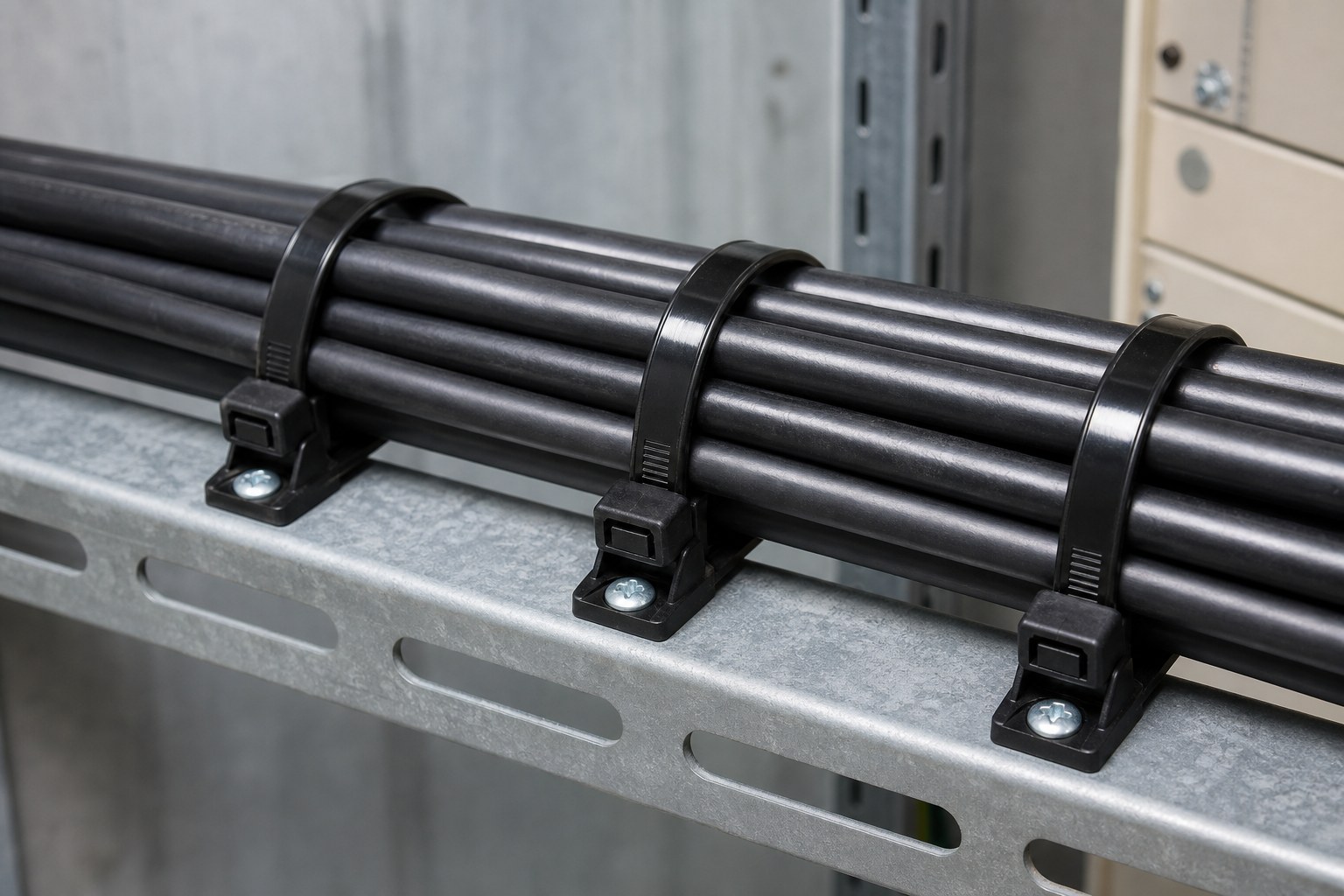 Heavy-duty nylon cable ties and screw mount bases securing cable bundle