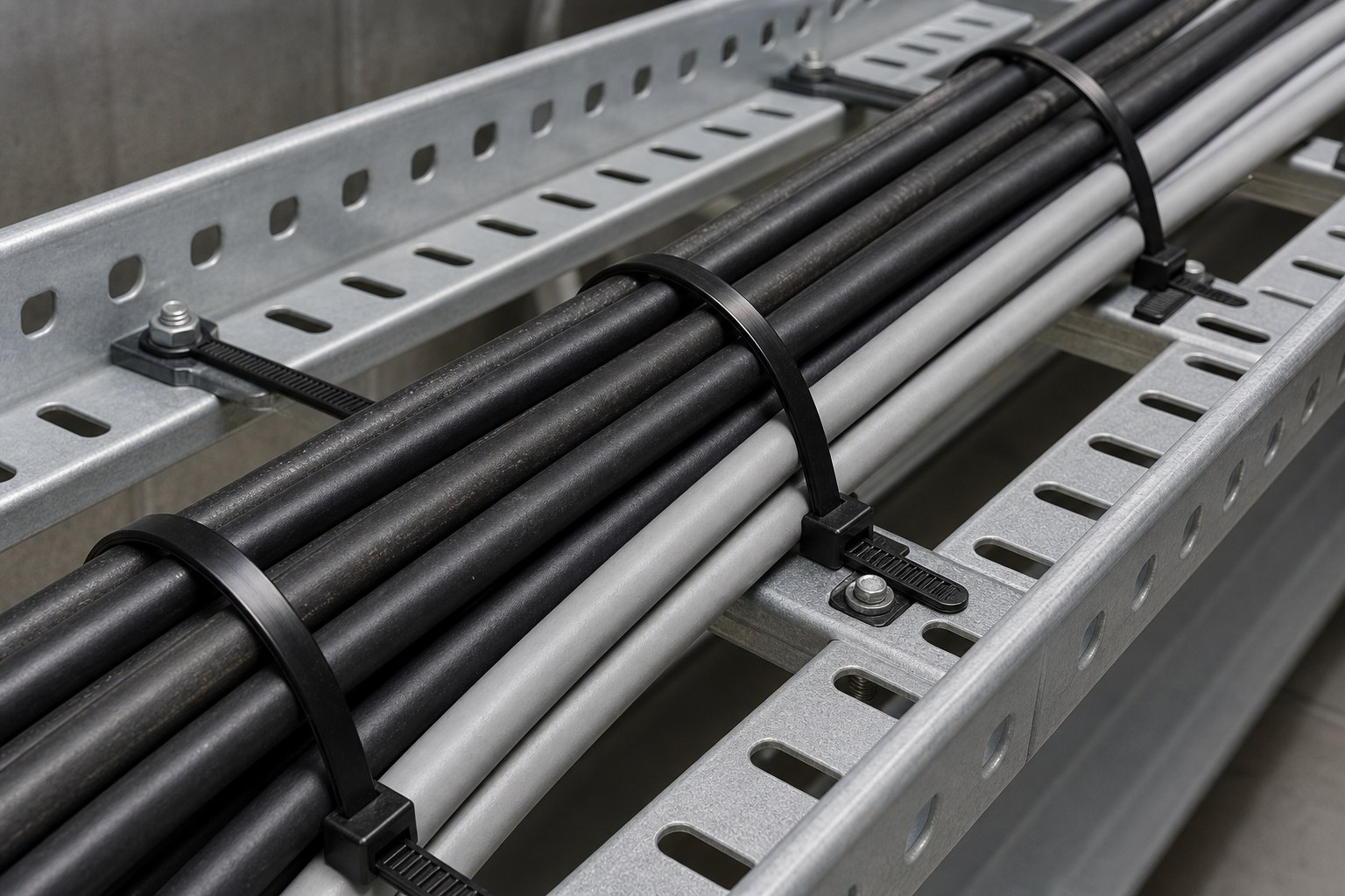Supported cable route with black nylon cable ties on galvanized tray