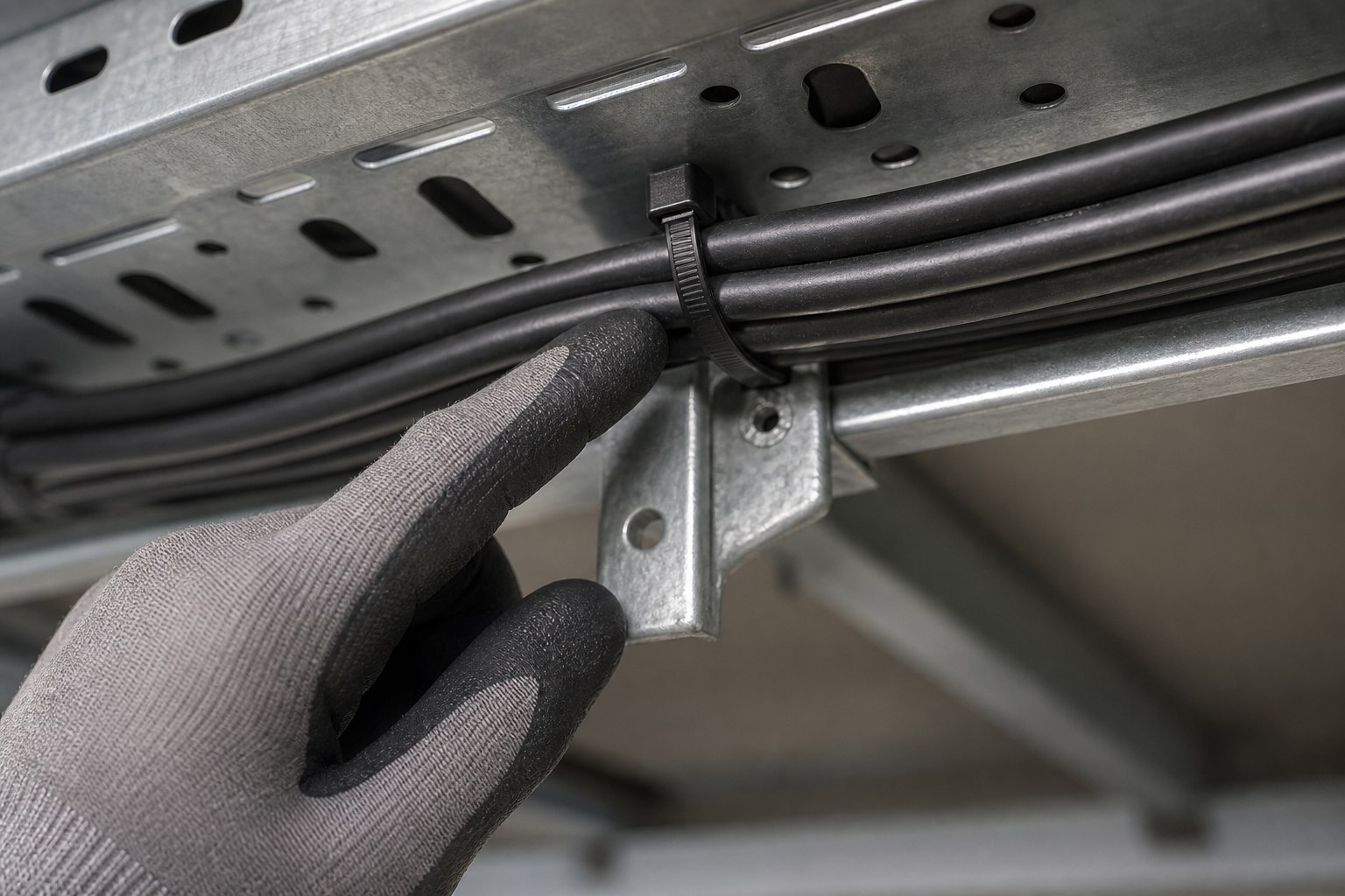Technician inspecting cable support spacing and tie point