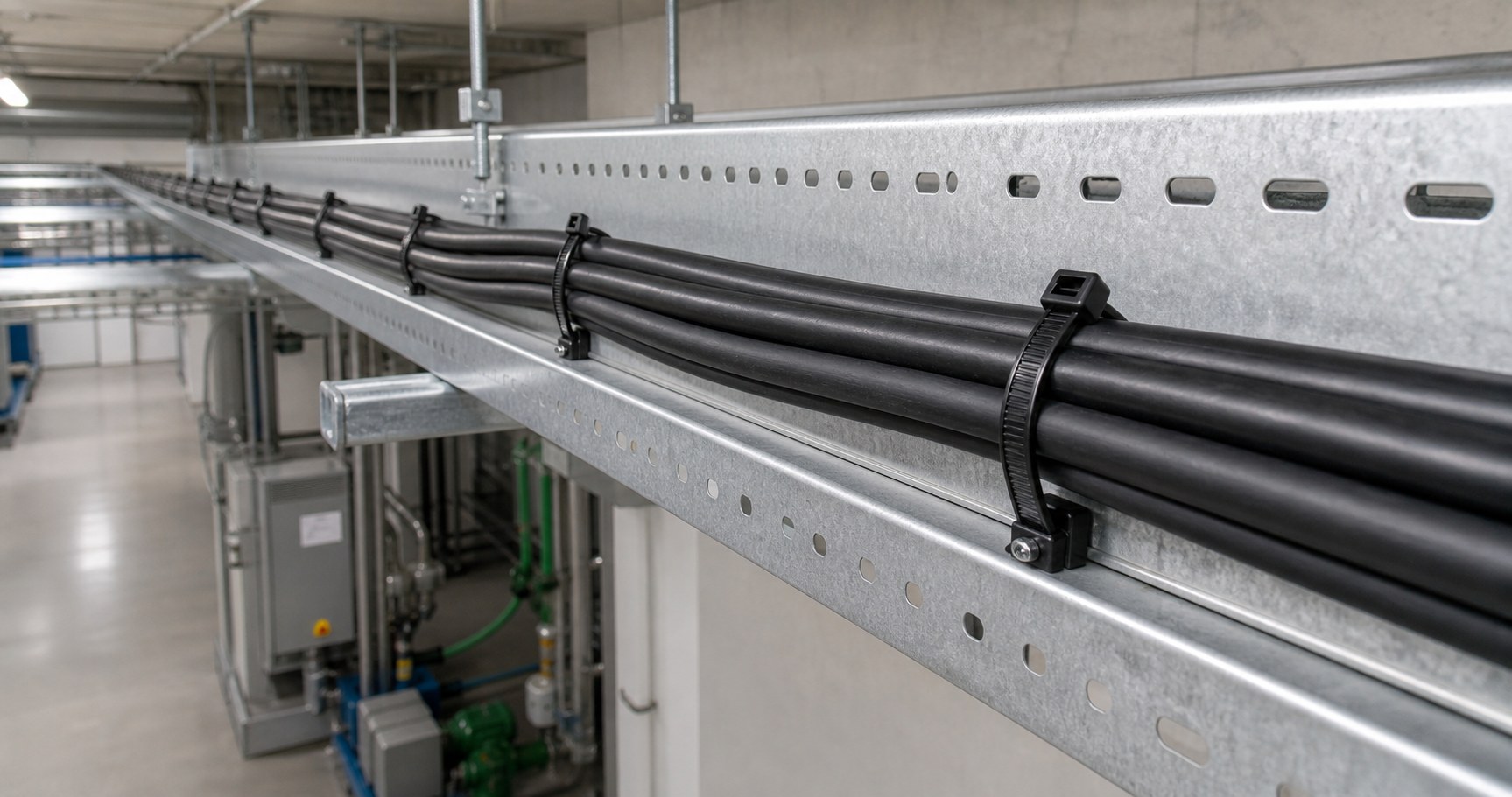 Cable falling prevention cable tray route with repeated cable tie supports