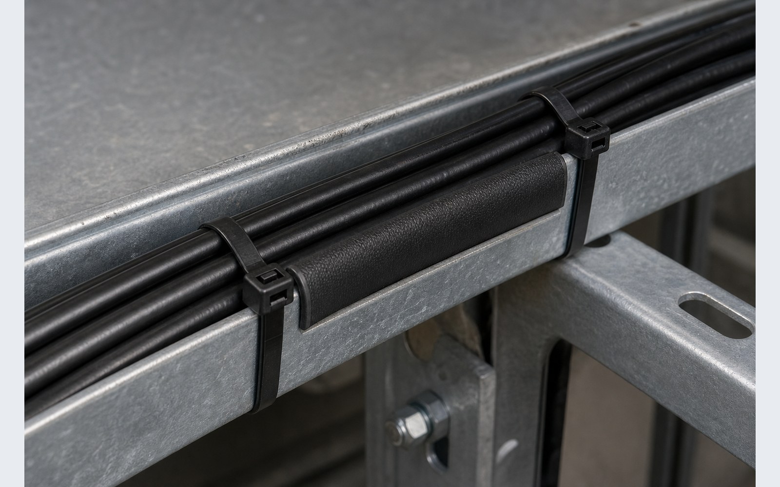 Cable wear prevention cable tray route with protected edge and nylon tie support