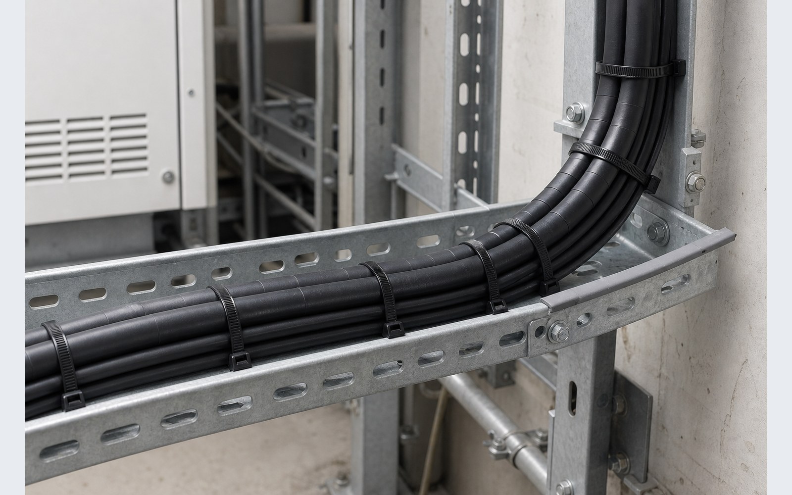 Finished protected cable tray route with repeated nylon cable tie supports