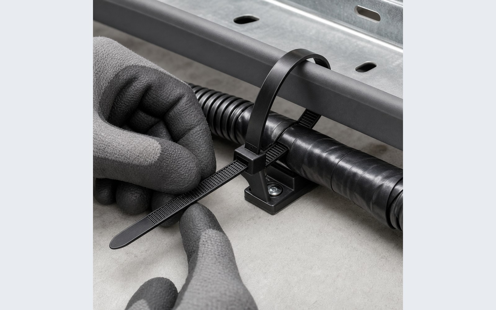 Gloved installer fastening protected cable bundle with nylon cable tie and mounting base