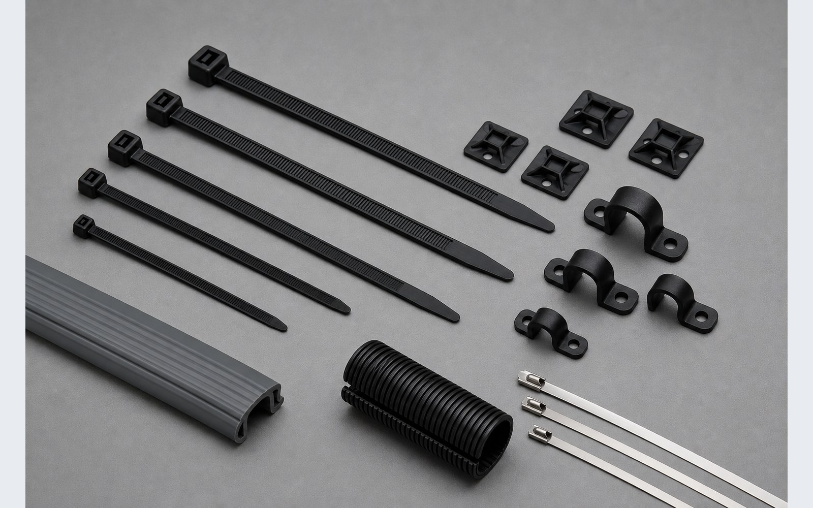 Cable wear prevention product combination with nylon ties mounts edge guard and split loom