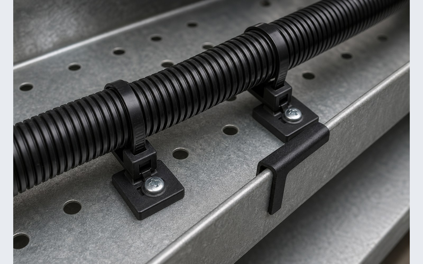 Split loom and cable tie mounts protecting cable route from tray edge wear