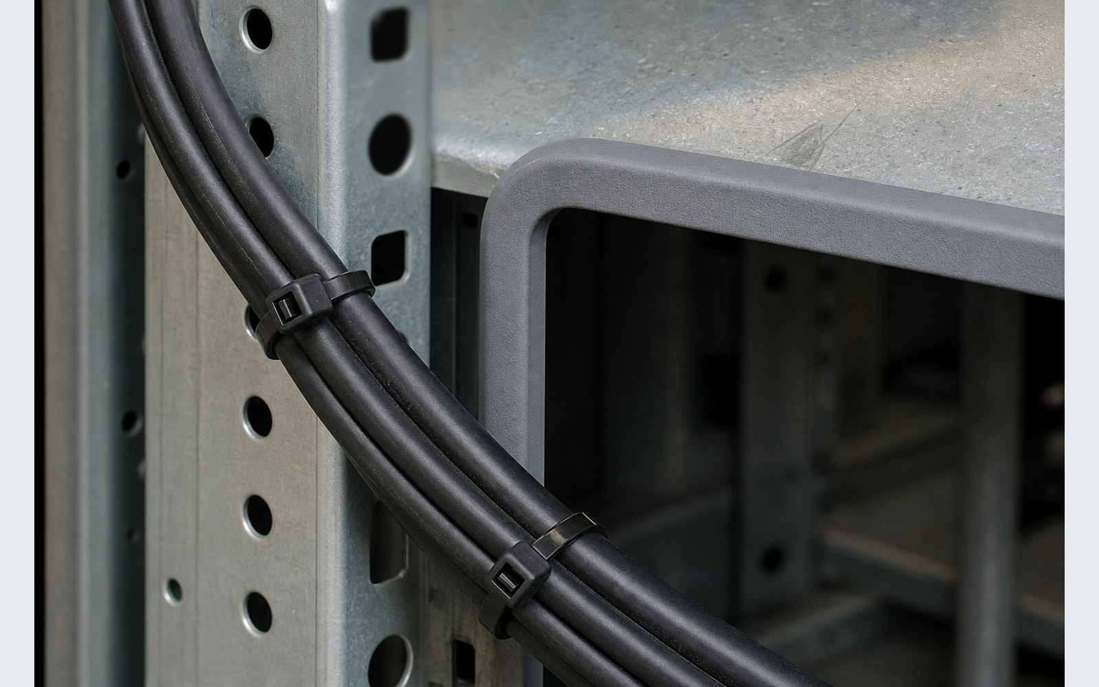 Cable route protected through metal opening with edge guard and nylon cable ties
