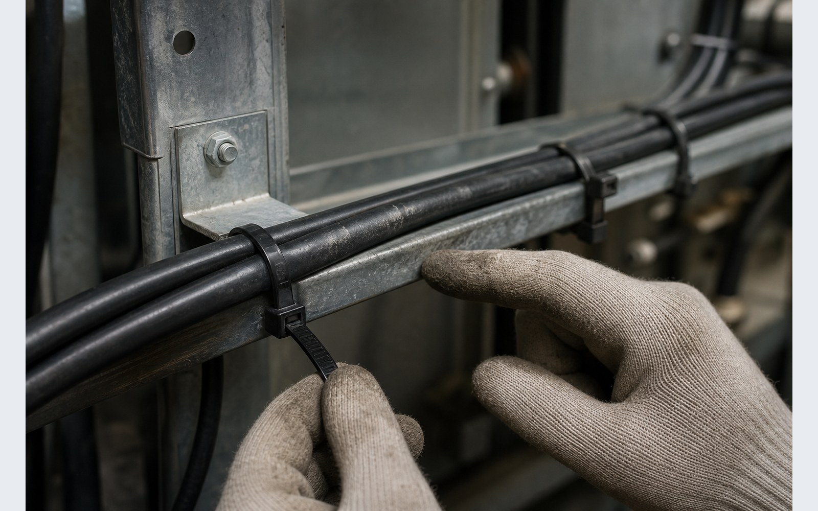 Technician inspecting cable abrasion and cable tie support spacing