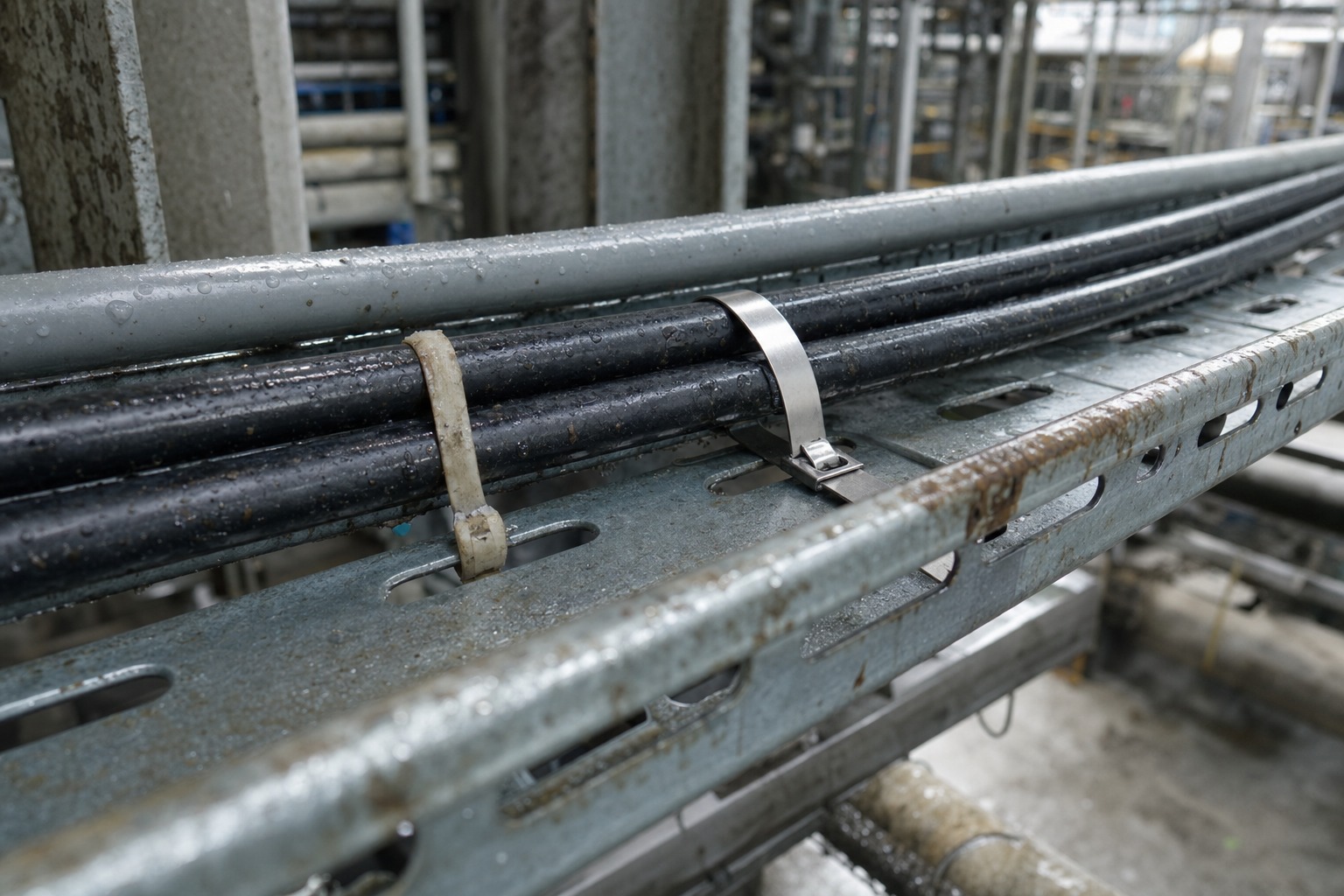 Corrosive cable tray comparison of stained plastic tie and stainless steel cable tie