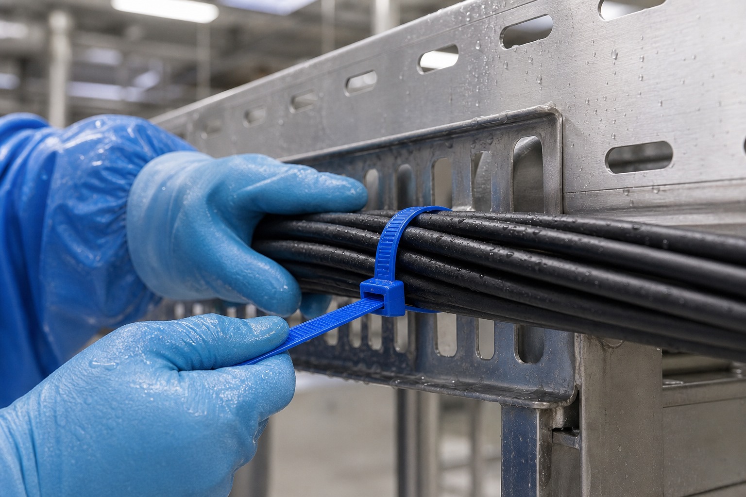 Gloved technician installing blue chemical resistant cable tie through cable tray slot