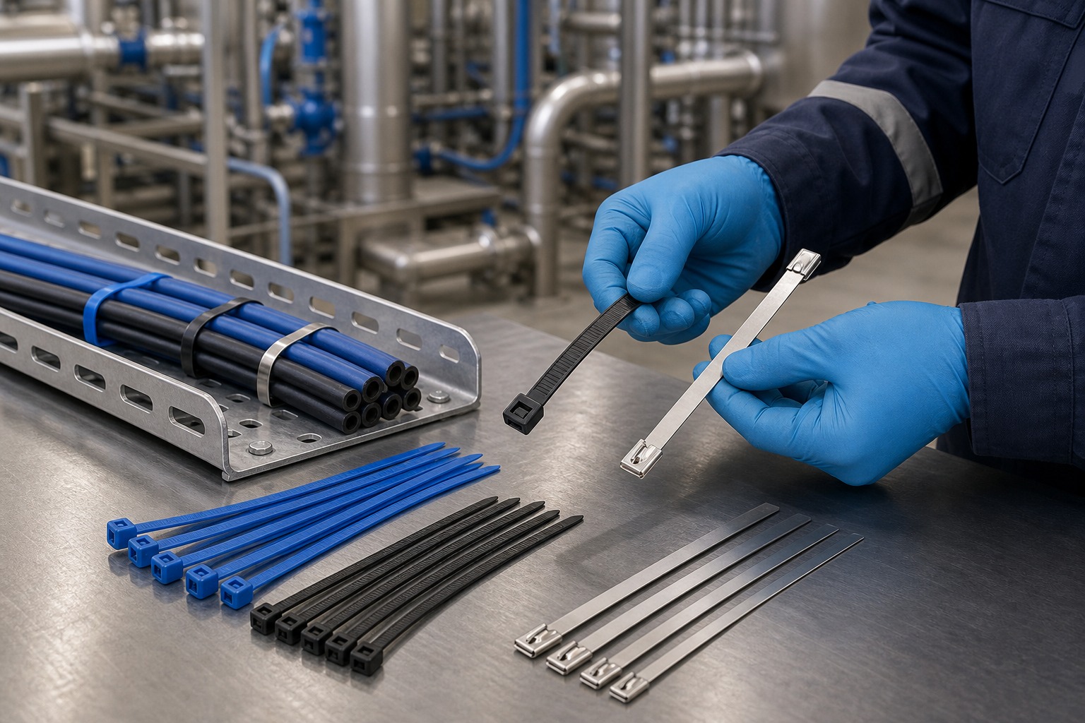 Technician comparing chemical resistant nylon cable ties and stainless steel cable ties for industrial cable route