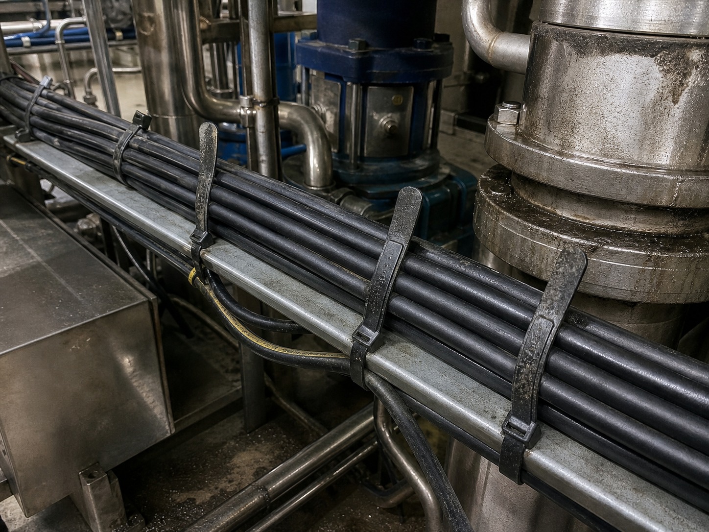 Oil exposed industrial cable route with worn nylon cable ties near pump skid pipework
