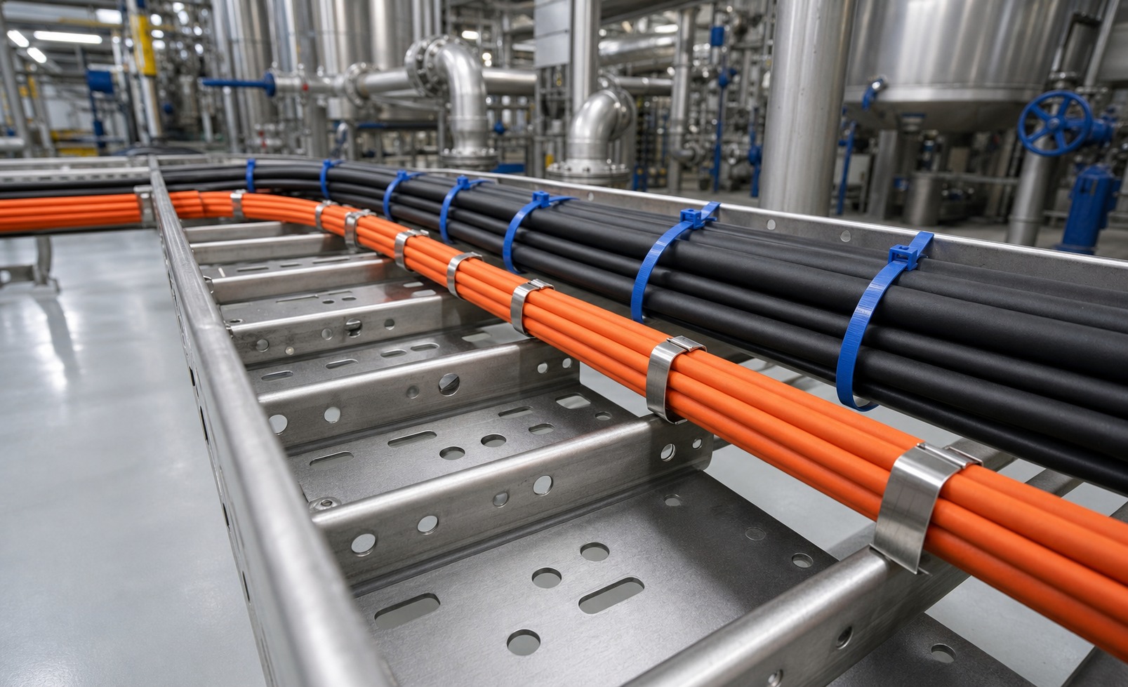 Chemical plant cable tray with chemical resistant nylon and stainless steel cable ties securing cable bundles