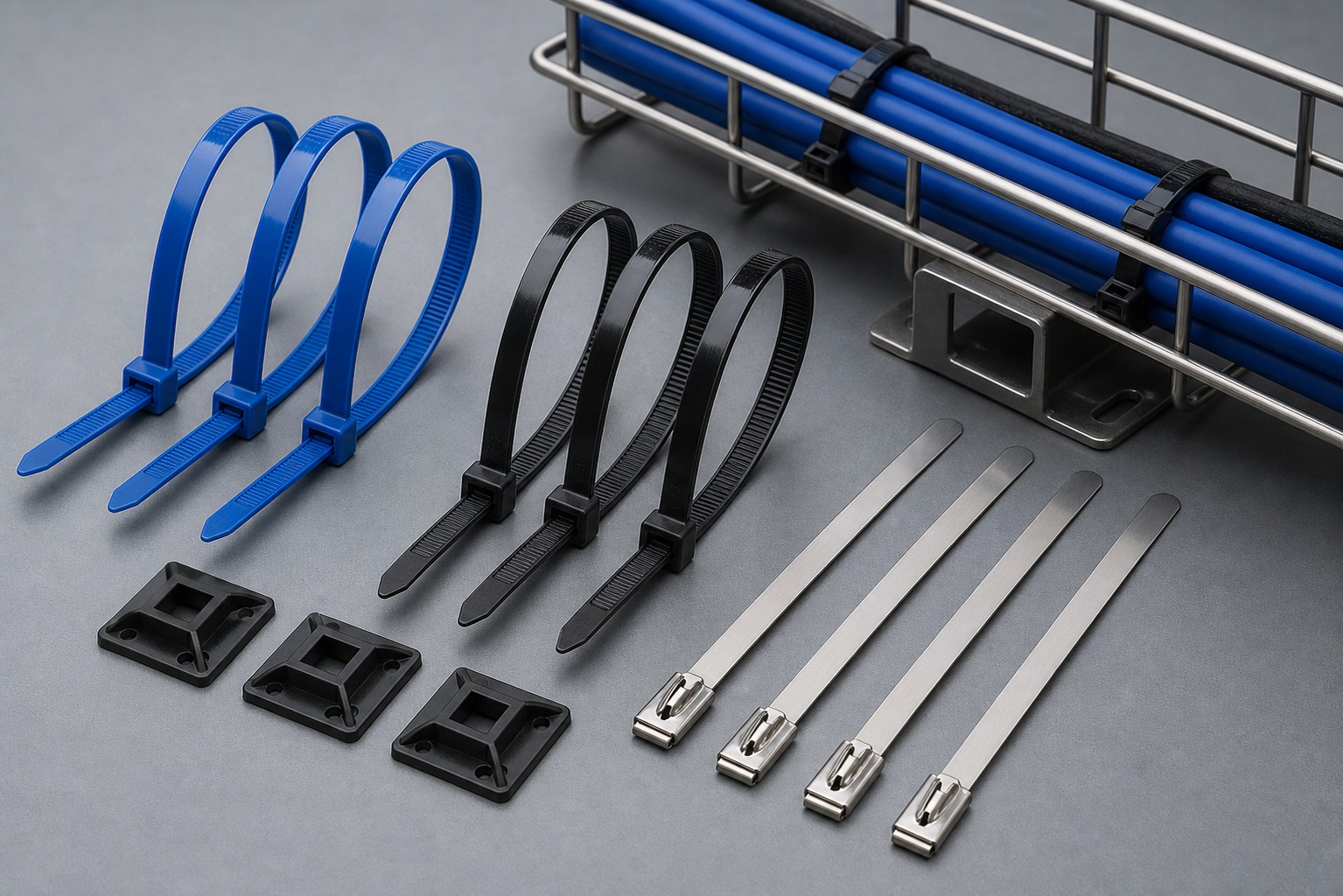 Chemical resistant cable tie product combination with blue ties black ties stainless ties and mounts