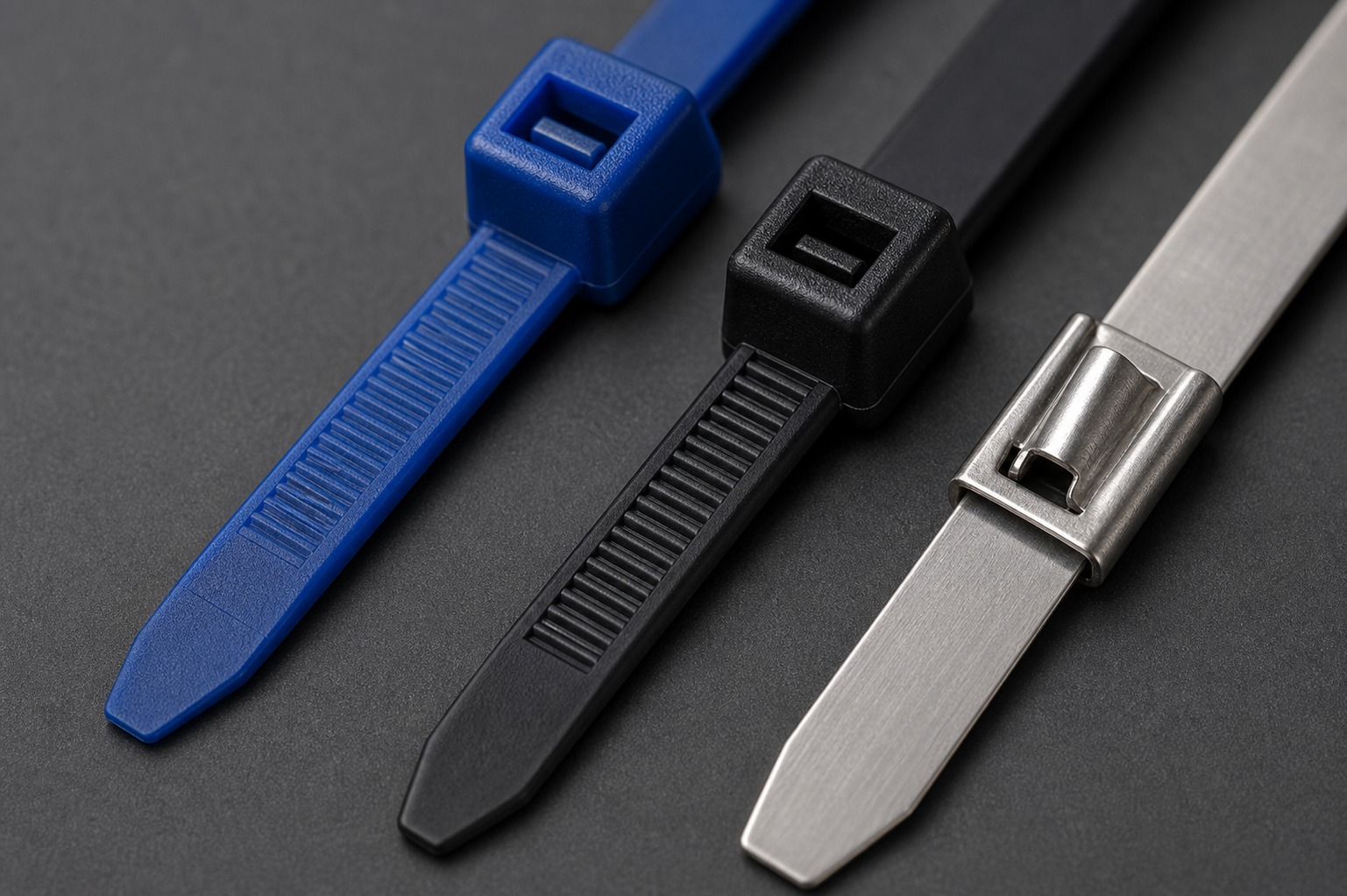 Macro detail of blue black and stainless chemical resistant cable tie locking structures