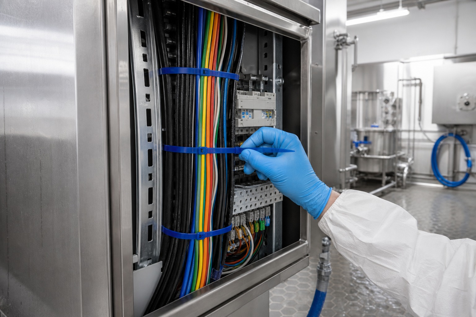 Washdown control cabinet cable route secured with blue detectable chemical resistant cable ties