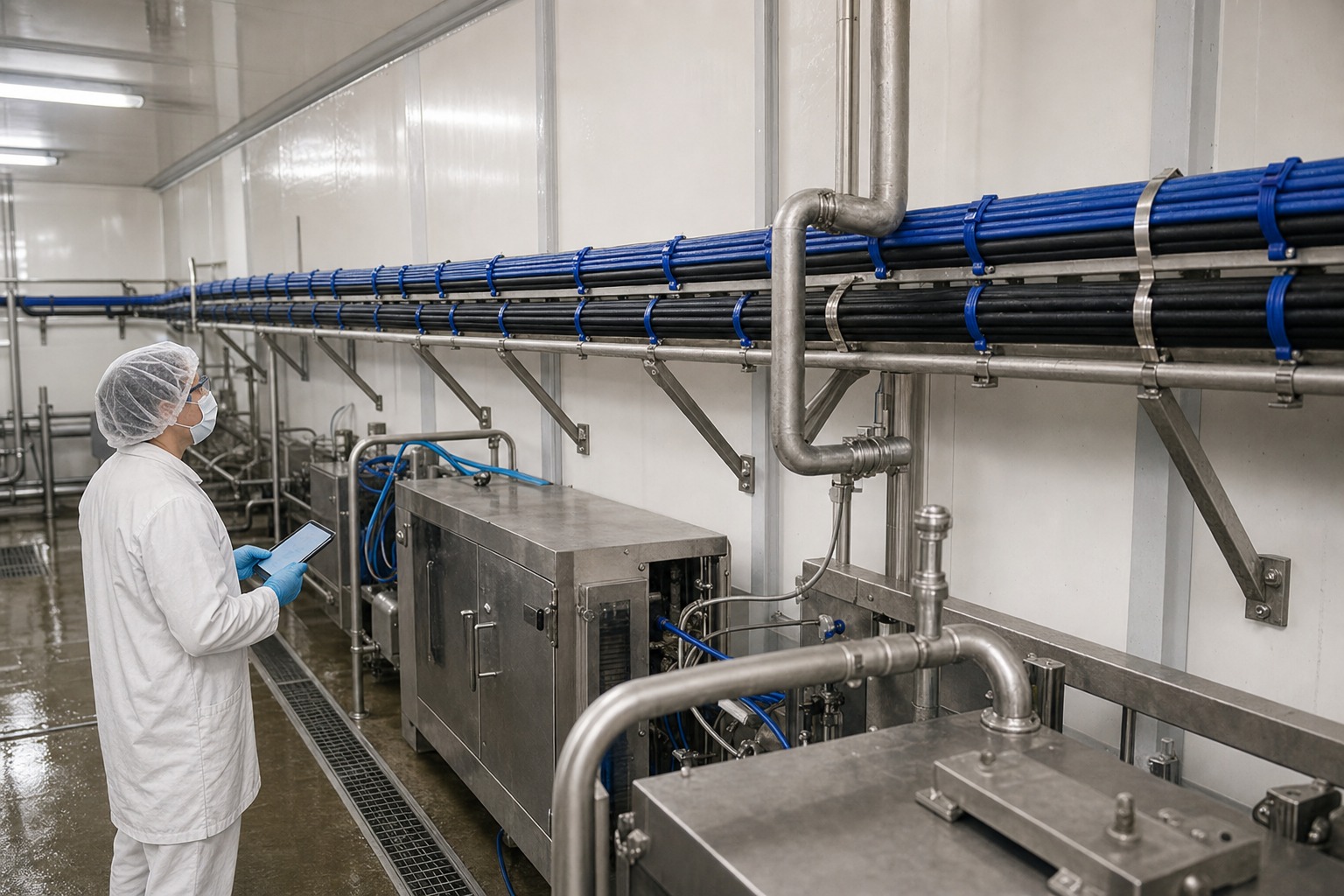 Washdown processing room cable route secured with blue detectable and stainless steel cable ties
