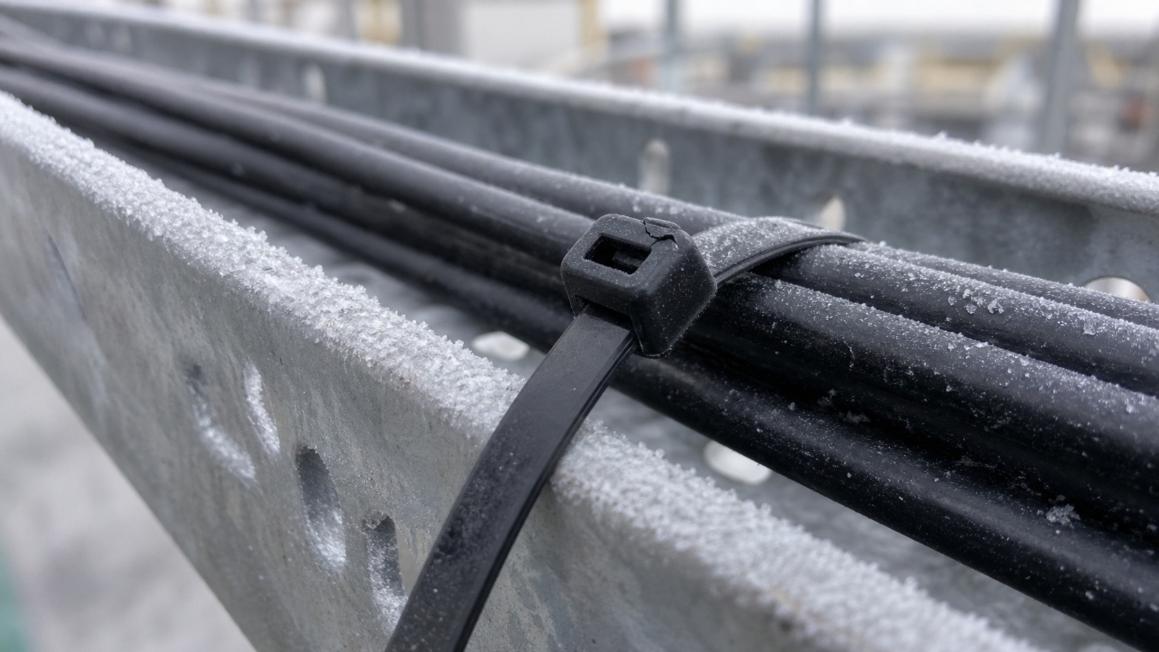 Frosty outdoor cable tray with stiff black nylon cable tie showing low-temperature brittleness risk