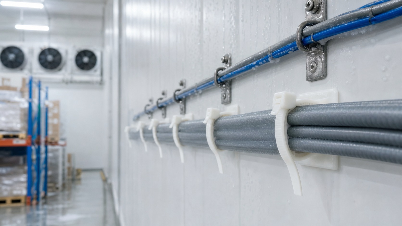 Natural cold-resistant nylon cable ties securing cables to mounting bases inside refrigerated warehouse