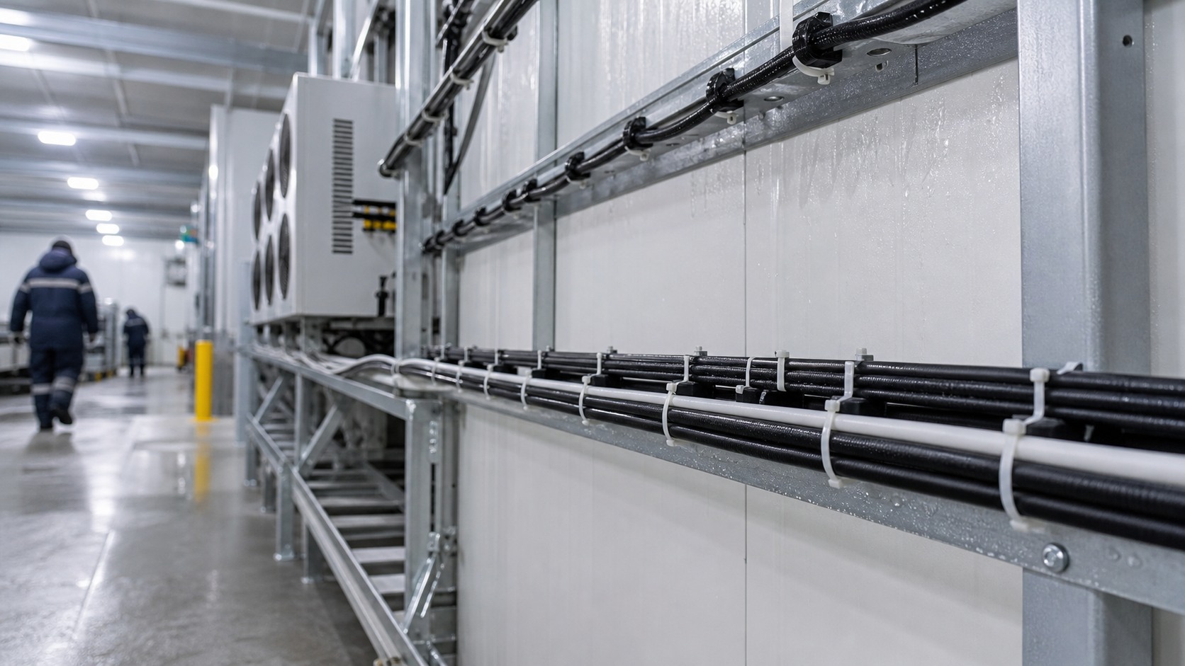 Cold storage equipment area with organized cable routes secured by cold-resistant nylon cable ties