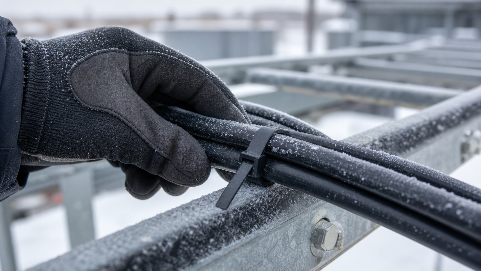 Gloved technician inspecting black cold-resistant nylon cable tie on frosty galvanized cable route