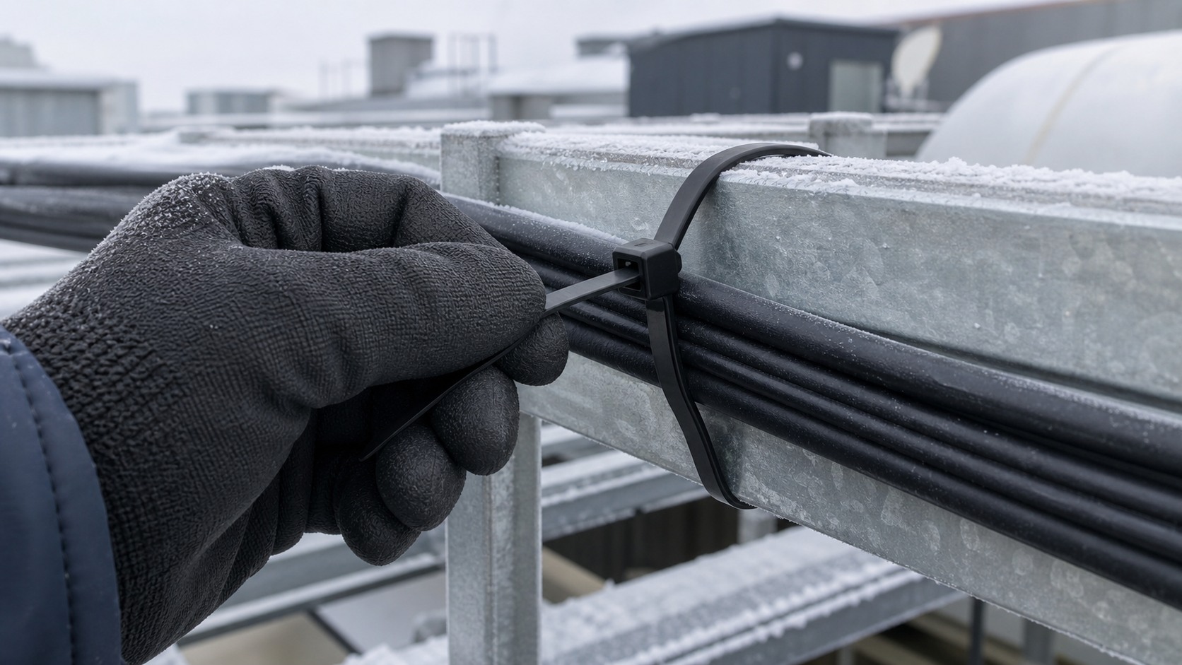 Gloved installer pulling black cold-resistant nylon cable tie tail through single locking head around cable bundle and support rail