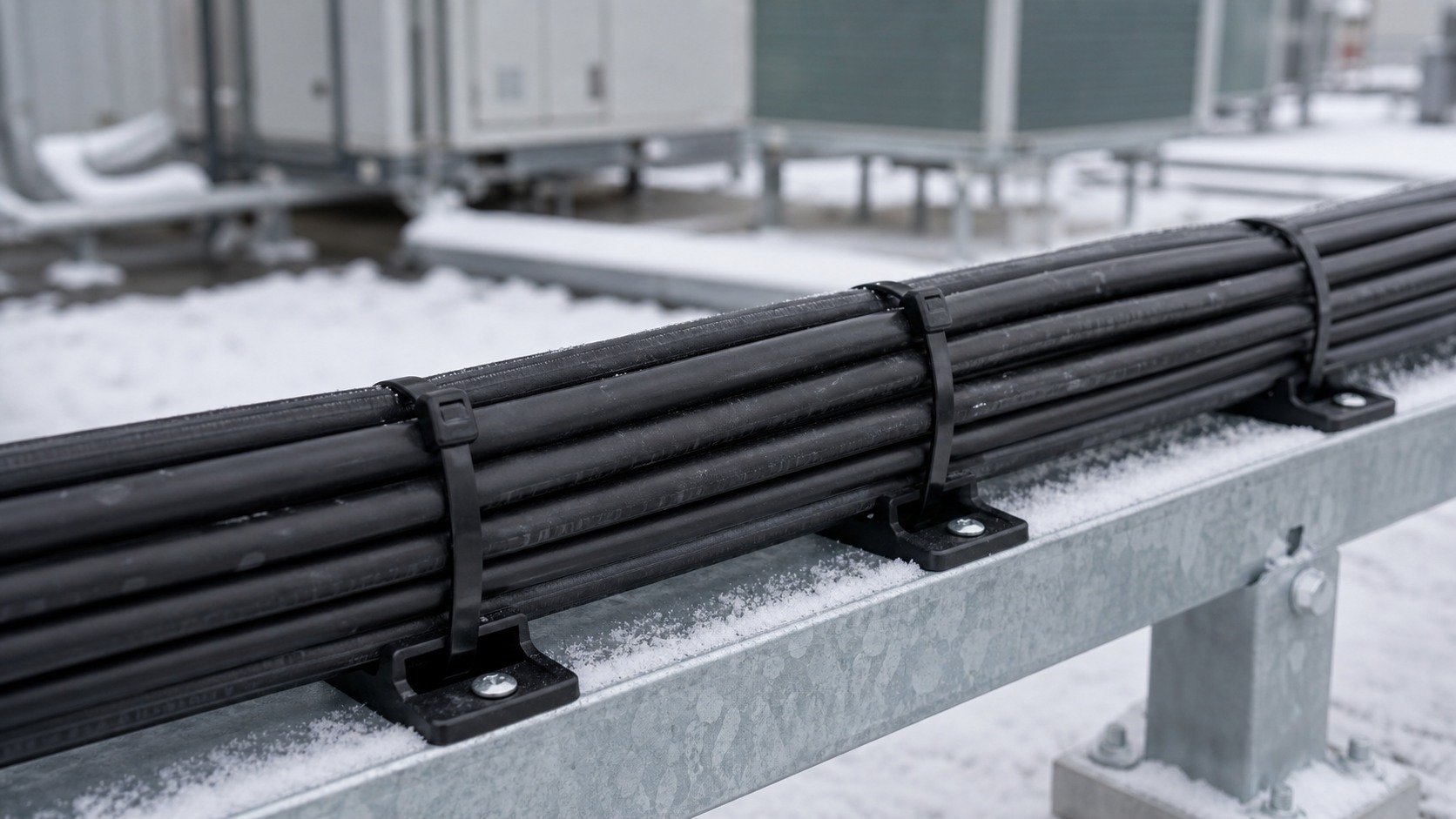 Black UV and cold-resistant cable ties through screw mount bases on snowy galvanized rooftop support channel