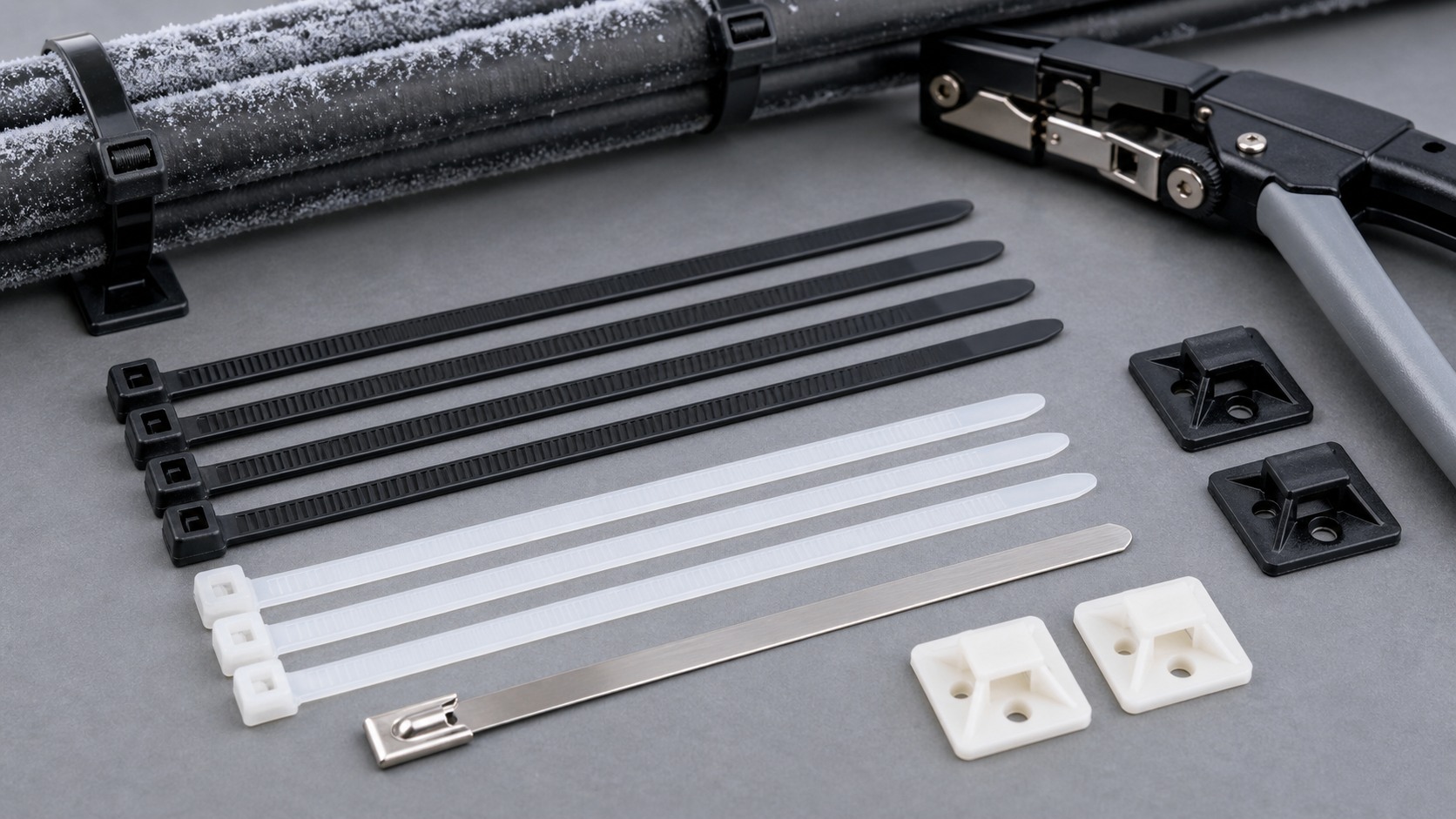Cold-weather cable tie product combination with black and natural nylon ties stainless tie mounting bases and tool