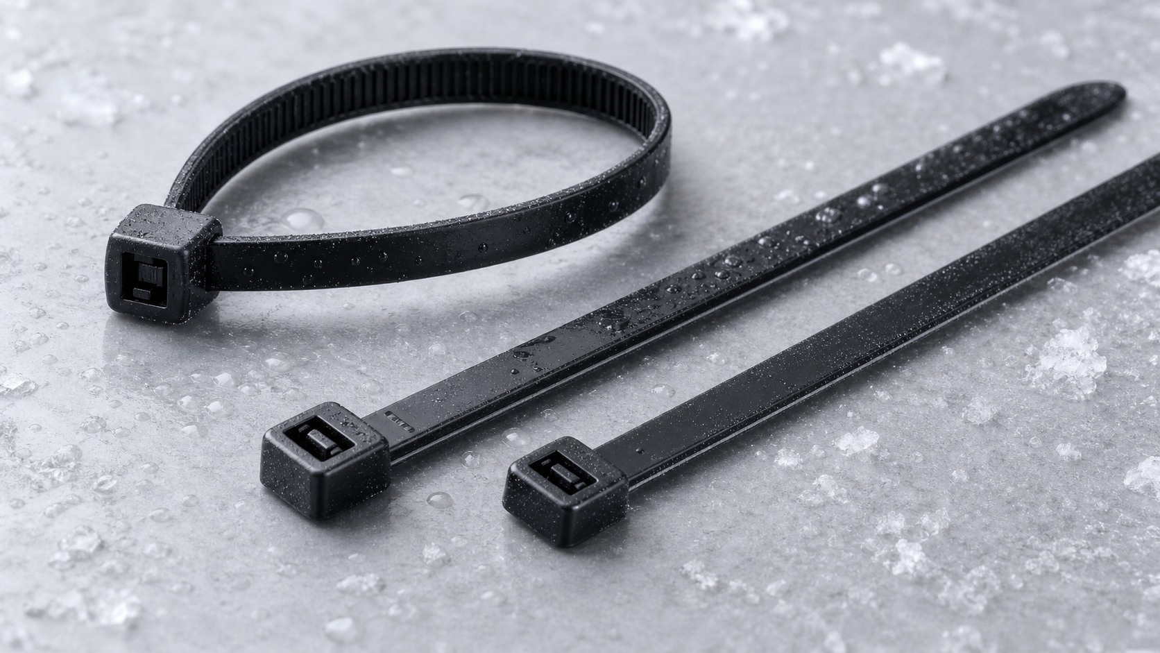 Black nylon cable tie locking head inner ratchet teeth and tapered tail product detail for cold-weather use