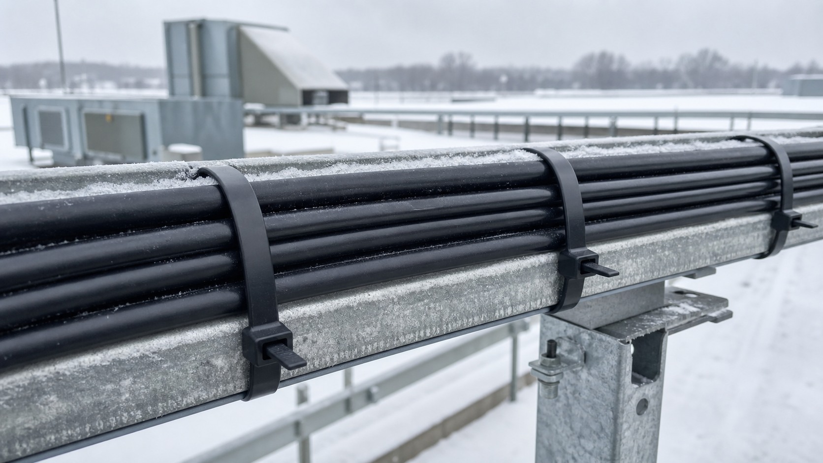 Black cold-resistant nylon cable ties securing outdoor cable bundle to frosty galvanized support rail