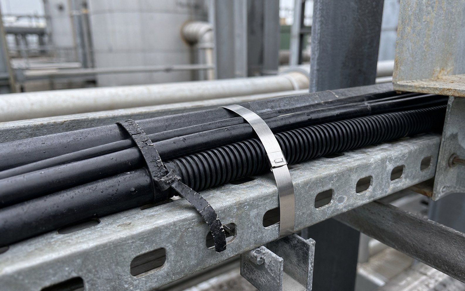 Failed nylon tie replaced by stainless steel cable tie in corrosive cable route
