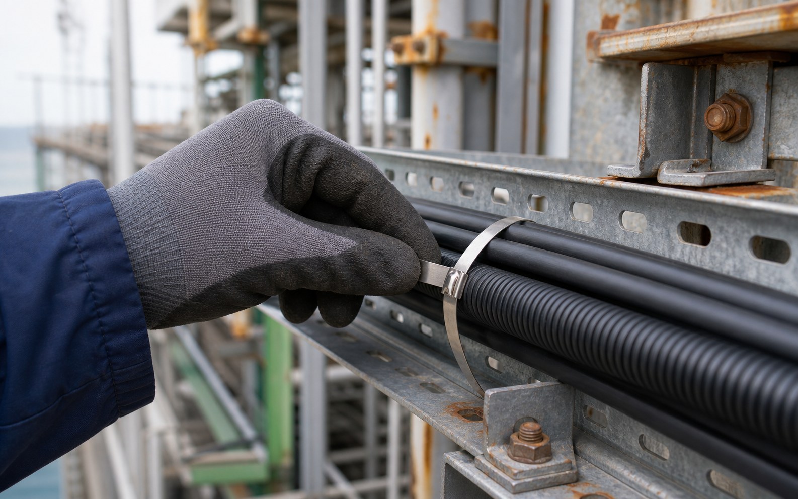 Technician inspecting stainless steel cable tie on corrosion-prone cable tray