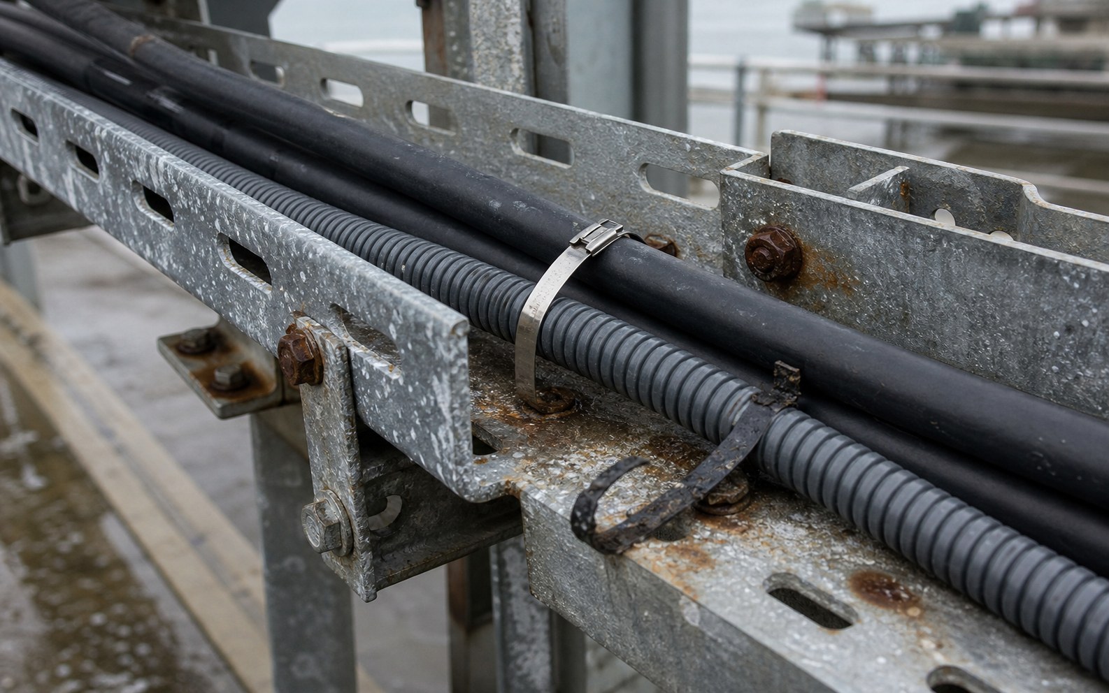 Corrosion-prone cable tray fastening problem with old failed tie