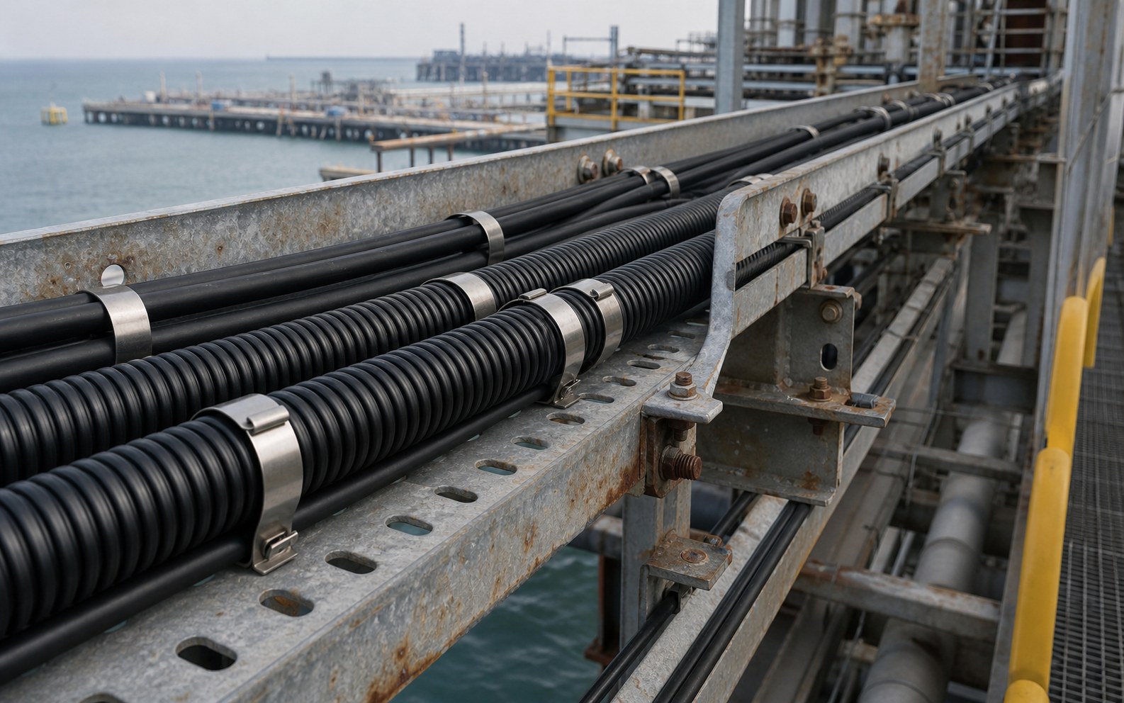 Finished corrosion resistant cable management route with stainless steel ties