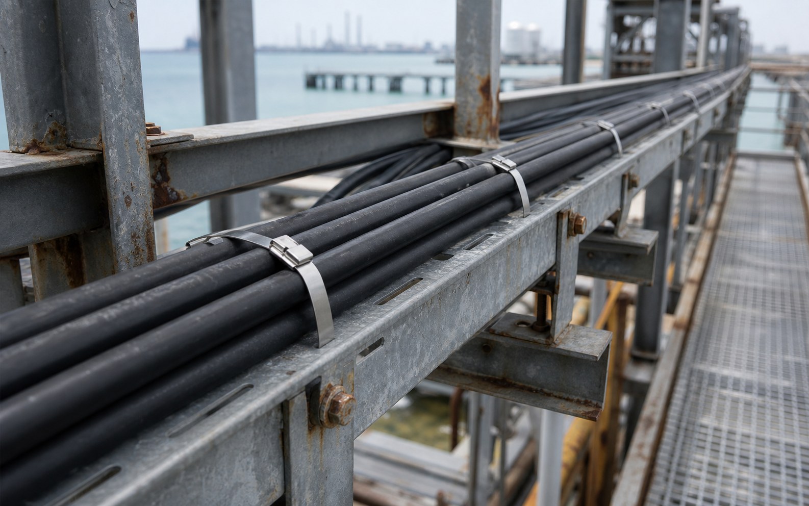 Corrosion resistant cable tray route with stainless steel cable ties