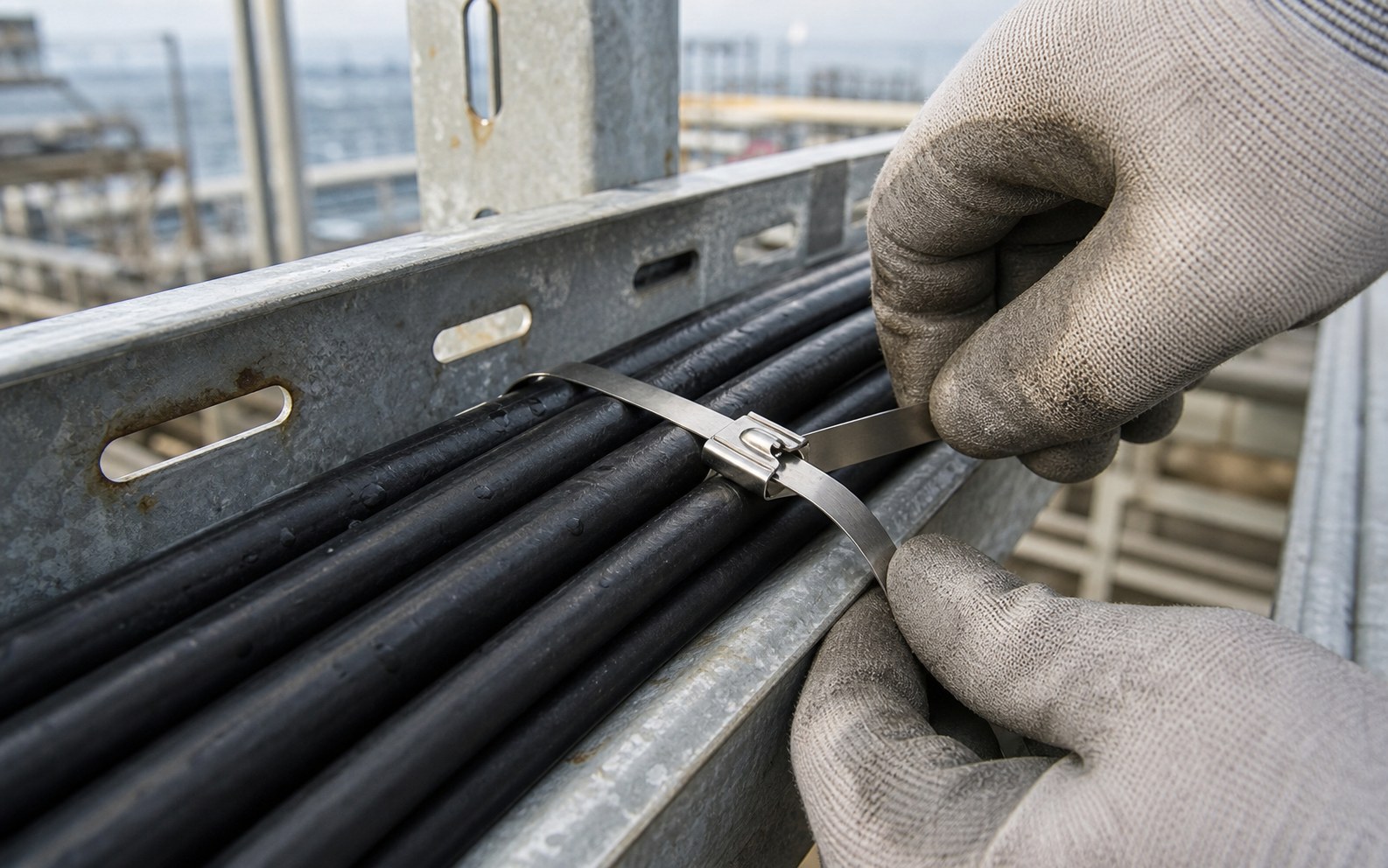 Installing stainless steel cable tie around cable bundle and tray support